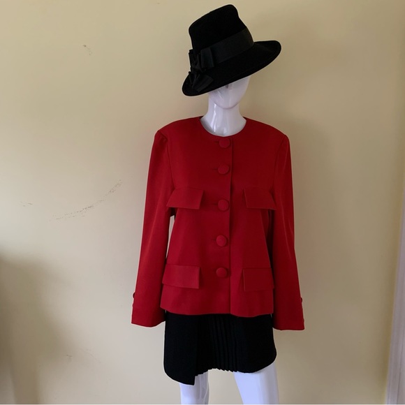 Bright red custom tailored classic chique blazer jacket collarless button-down L - Picture 2 of 13